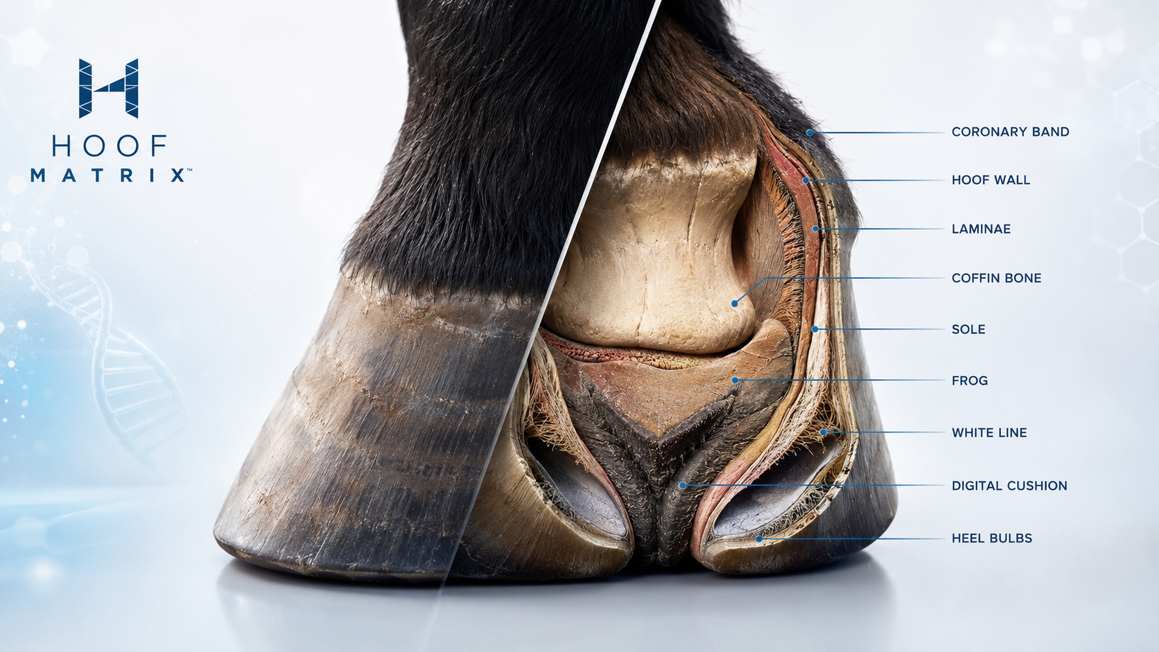 Scientific horse hoof anatomy showing the coronary band, hoof wall, laminae, coffin bone, sole, frog, white line, digital cushion and heel bulbs